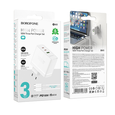 Borofone Netzladegerät BN11 Imperial - USB + 2×Typ C - QC 3.0 PD 100W mit Kabel Typ C auf Typ C weiß