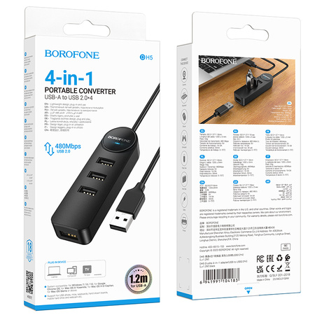 Borofone Adapter DH5 Erudite 4 w 1 - USB auf 4×USB 2.0 - 1,2 m schwarz