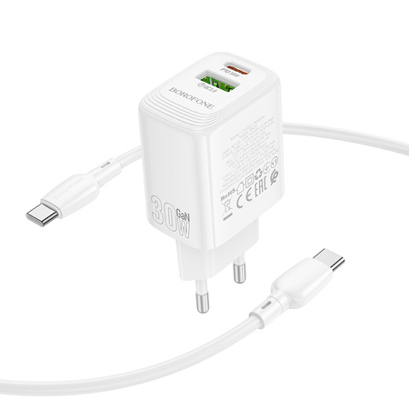 Borofone Netzladegerät BN29 Fuente - USB + Typ C - QC 3.0 PD 30W mit Kabel Typ C auf Typ C weiß