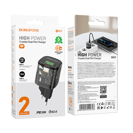 Borofone Netzladegerät BN17 Sunlight - USB + Typ C -  QC 3.0 PD 20W 3A schwarz