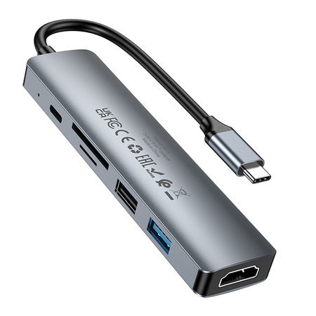 Borofone Adapter DH15 Buddy 6 w 1 - Typ C auf HDMI + Typ C + USB 3.0 + USB 3.0 + SD + microSD - PD 100W grau
