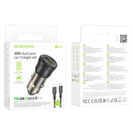 Borofone Ładowarka samochodowa BZ25 Journey - USB + Typ C - PD 38W 3A z kablem Typ C na Lightning czarna