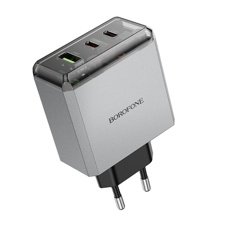 Borofone Ładowarka sieciowa BN22 Lena GaN - 2xTyp C + USB - QC 3.0 PD 65W szara