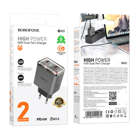 Borofone Ładowarka sieciowa BN21 Lena - 2xTyp C - PD 40W szara