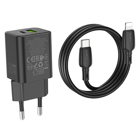 Borofone Ładowarka sieciowa BN14 Royal GaN - USB + Typ C - QC 3,0 PD 30W z kablem Typ C na Lightning czarna