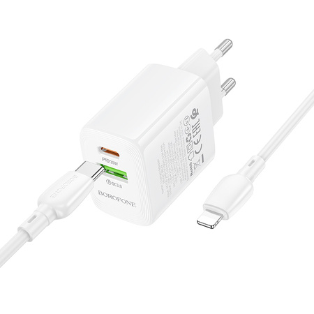 Borofone Ładowarka sieciowa BN29 Fuente - USB + Typ C - QC 3.0 PD 30W z kablem Typ C na Lightning biała