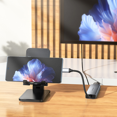 Borofone Adapter DH15 Buddy 6 w 1 - Typ C na HDMI + Typ C + USB 3,0 + USB 3,0 + SD + microSD - PD 100W szary