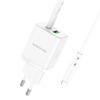 Borofone Ładowarka sieciowa BN7 - USB + Typ C - QC 3,0 PD 20W z kablem Typ C na Lightning biała